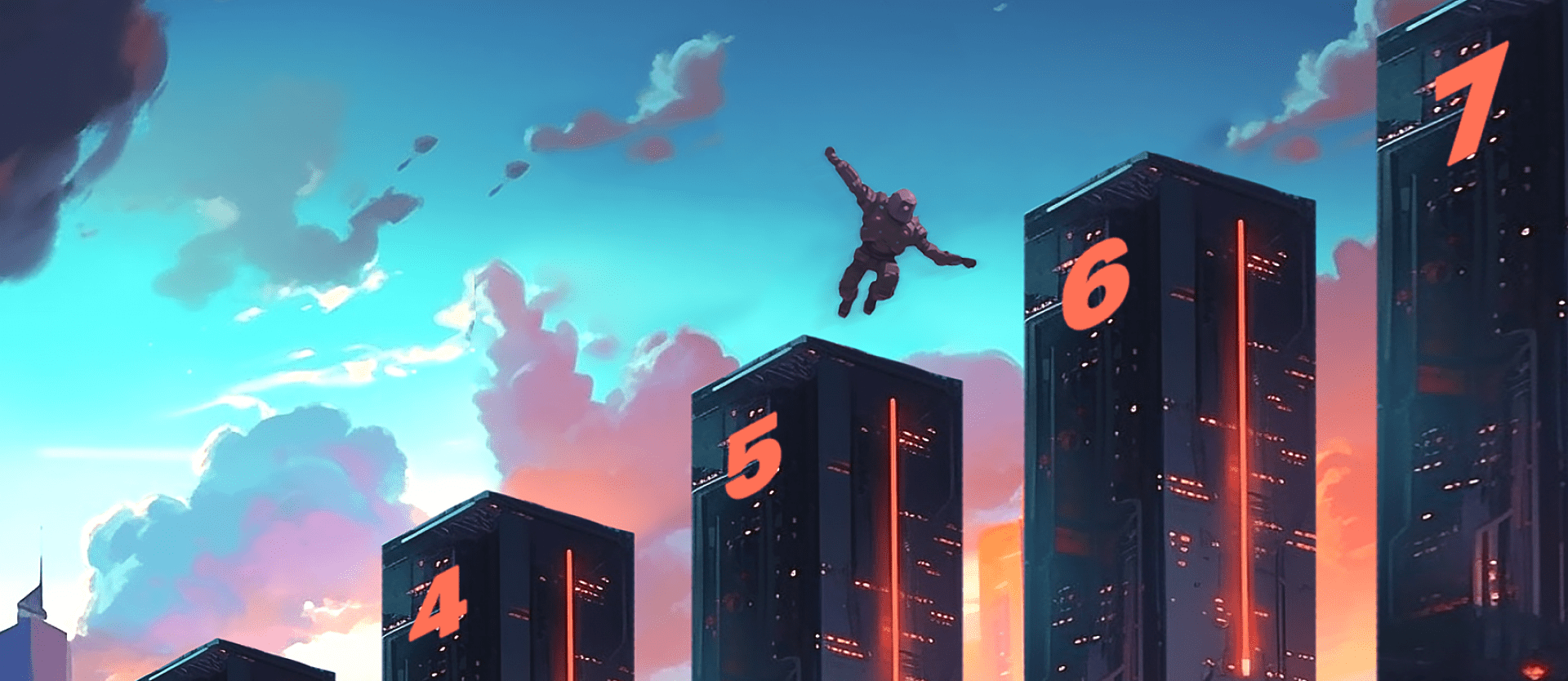 Numbered blocks with a figure jumping between them against a colorful sky