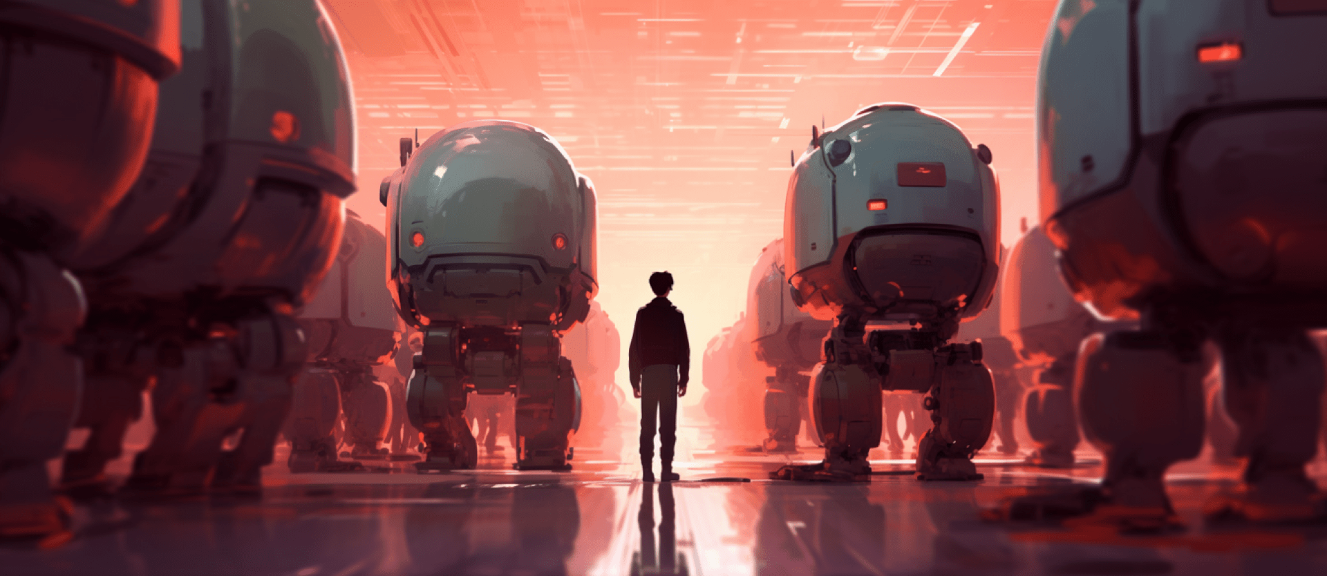 A person facing a row of giant industrial robots in a warehouse