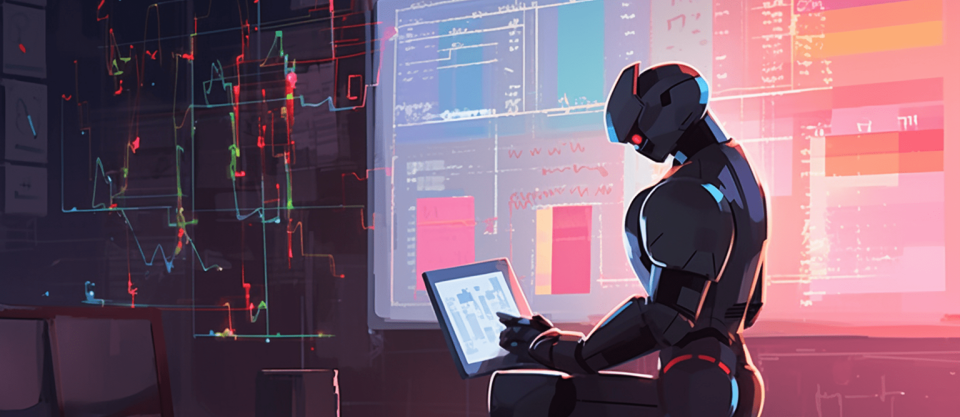 A robot studying complex data charts and analytics on screens