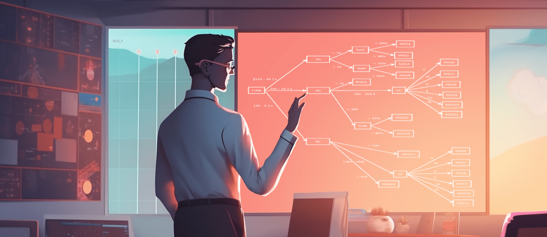 A person presenting a neural network tree diagram to a large audience