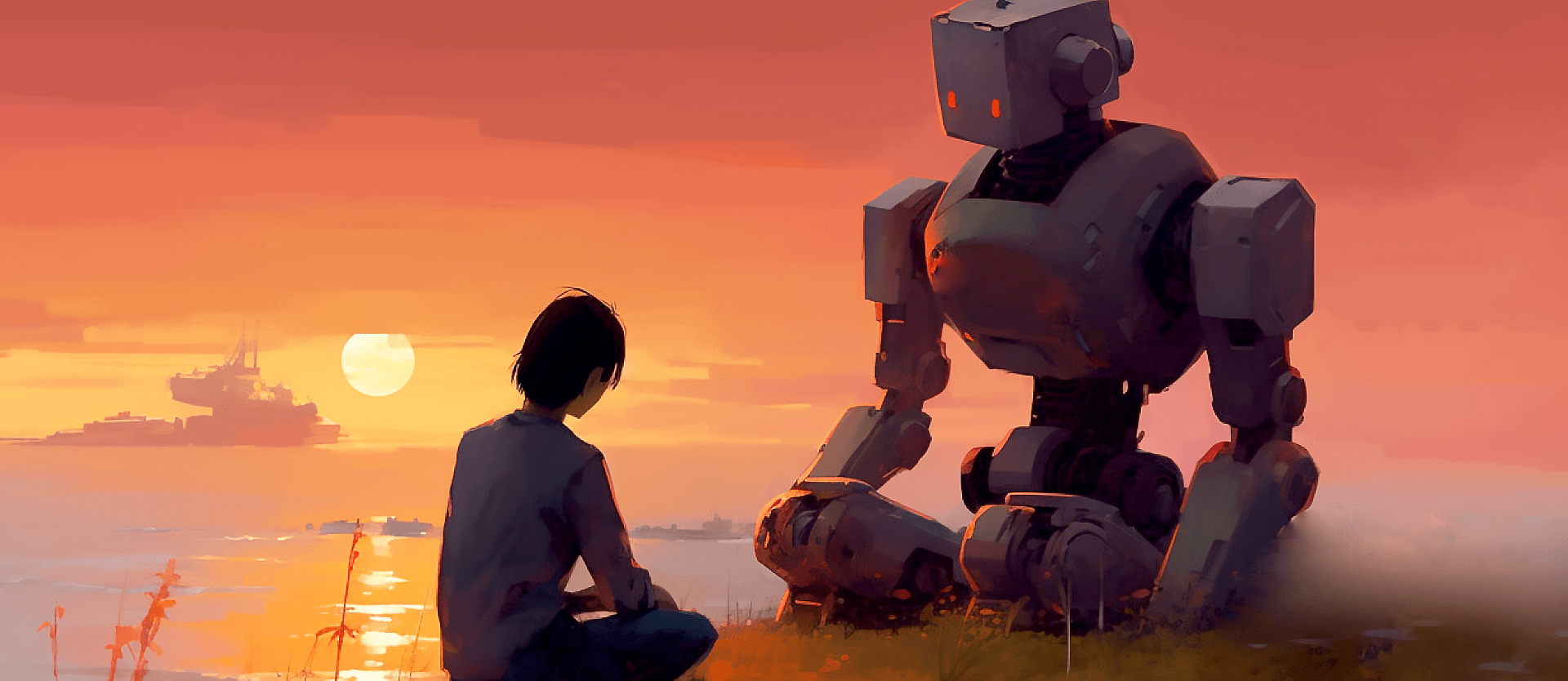 A child watching the sunset with a large robot in a natural landscape