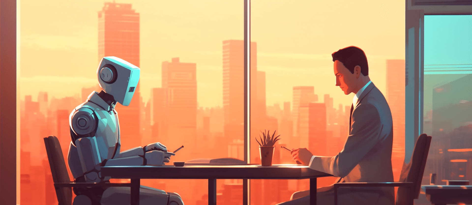 A robot and a man having dinner together over a city at sunset