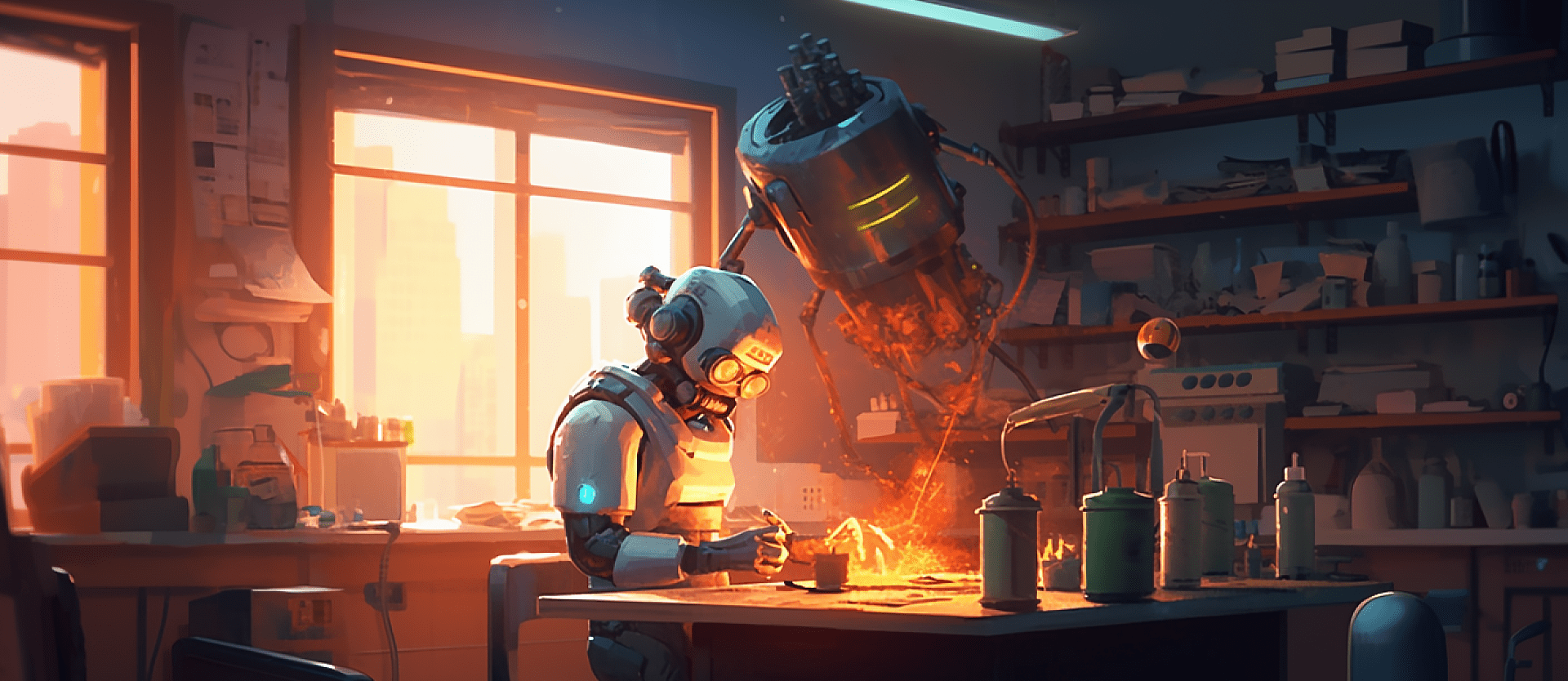 A robot welding in an industrial workshop with sparks flying