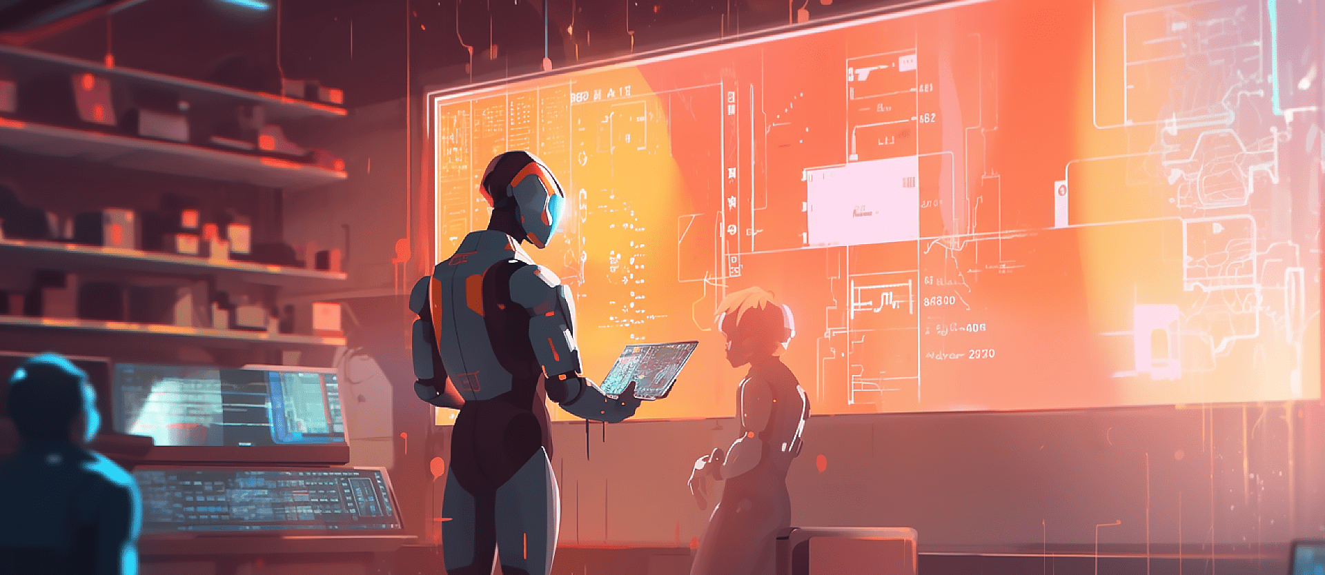 A robot and a child examining holographic blueprints on a wall