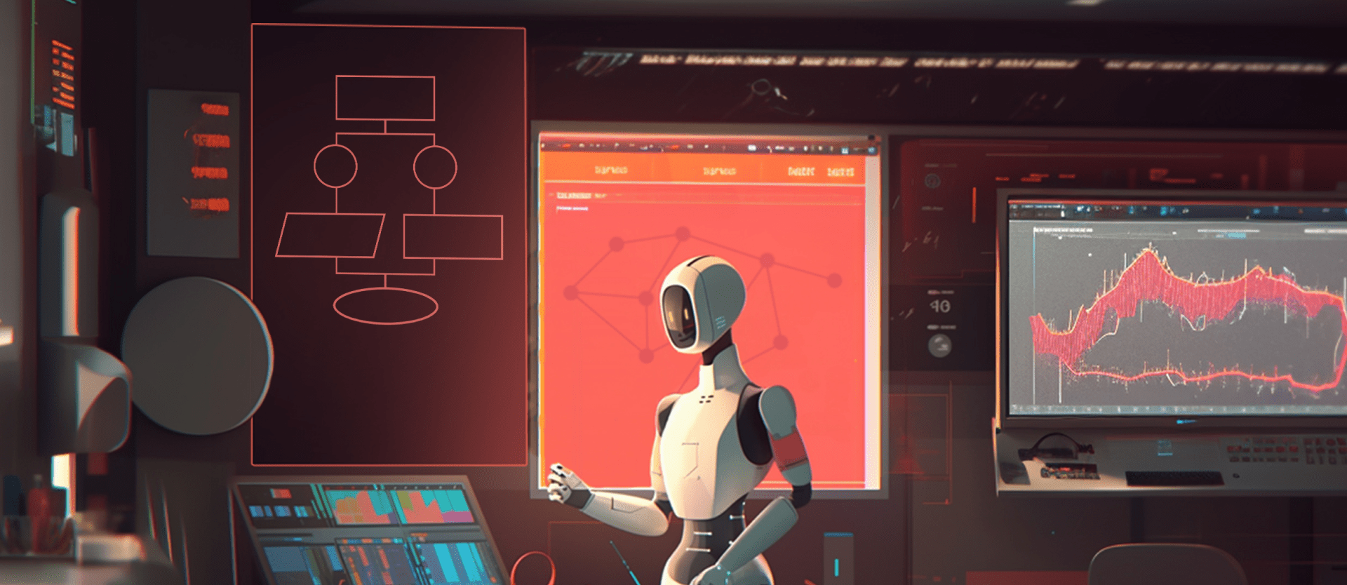 A robot analyzing design data among multiple digital displays