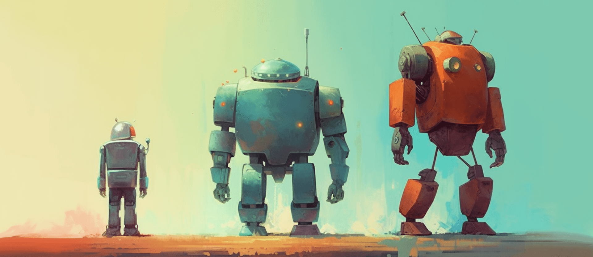 Three robots standing in a desert, from smallest to largest