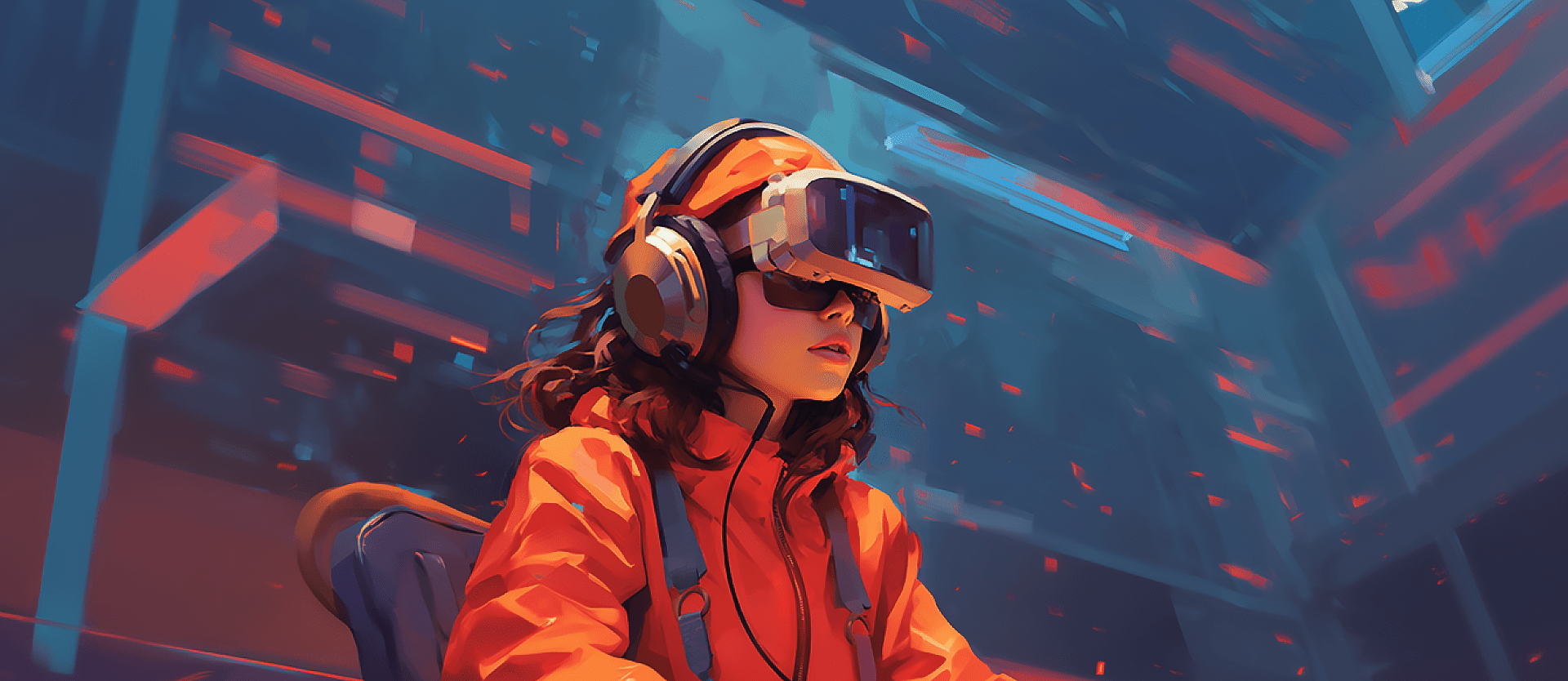 A person in a VR headset immersed in a geometric data environment
