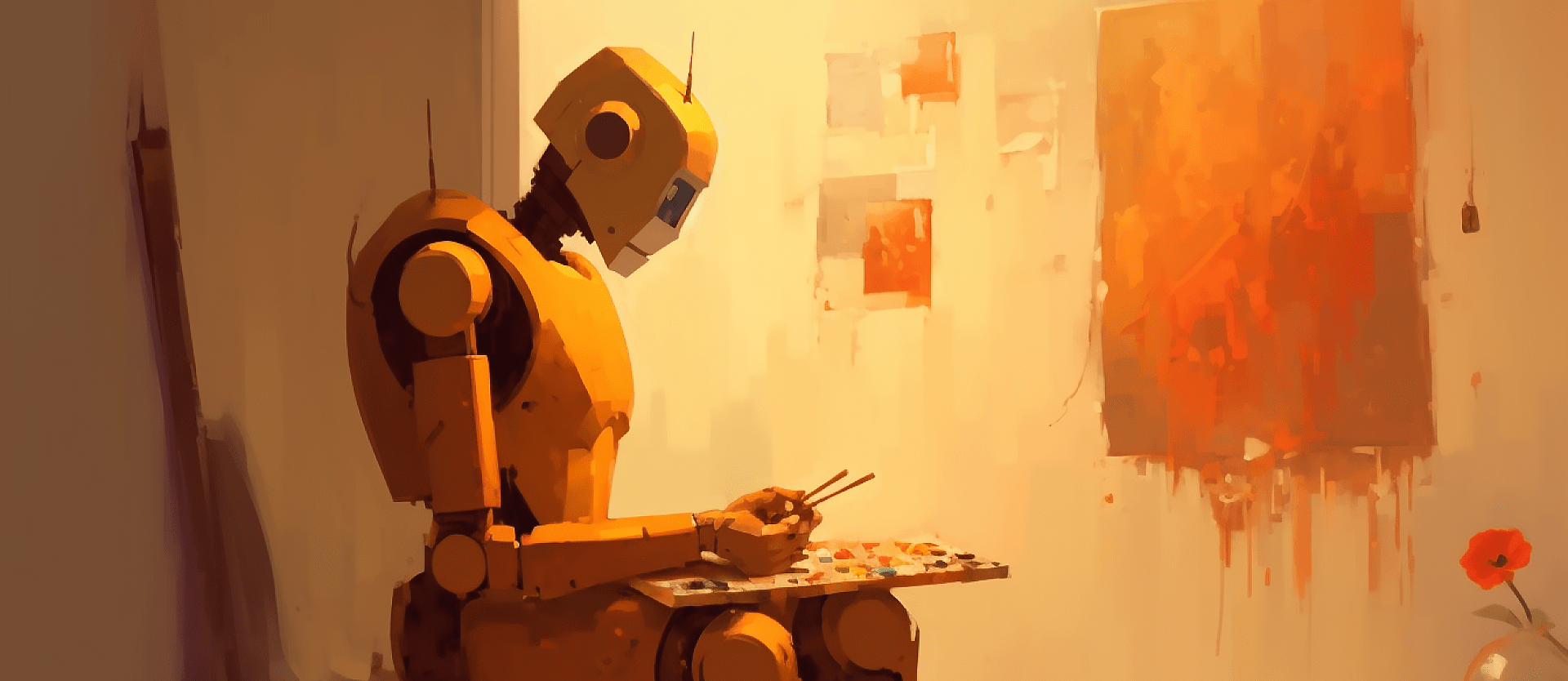 A robot painting on a canvas in bright warm light
