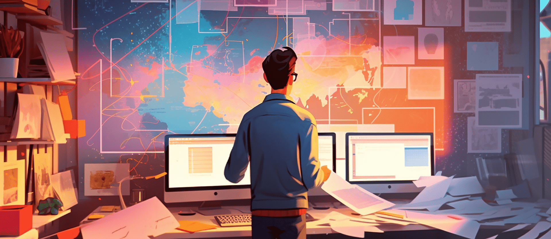 A designer working at a multi-monitor desk with project layouts