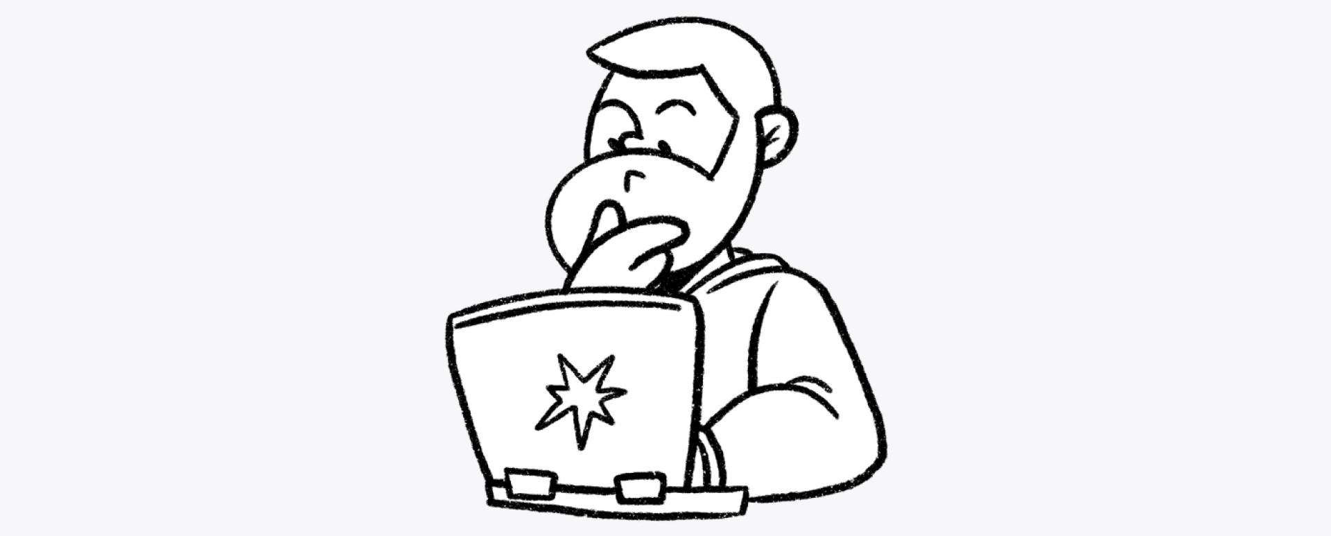 A bearded man staring at a laptop, finger to his lips, thinking