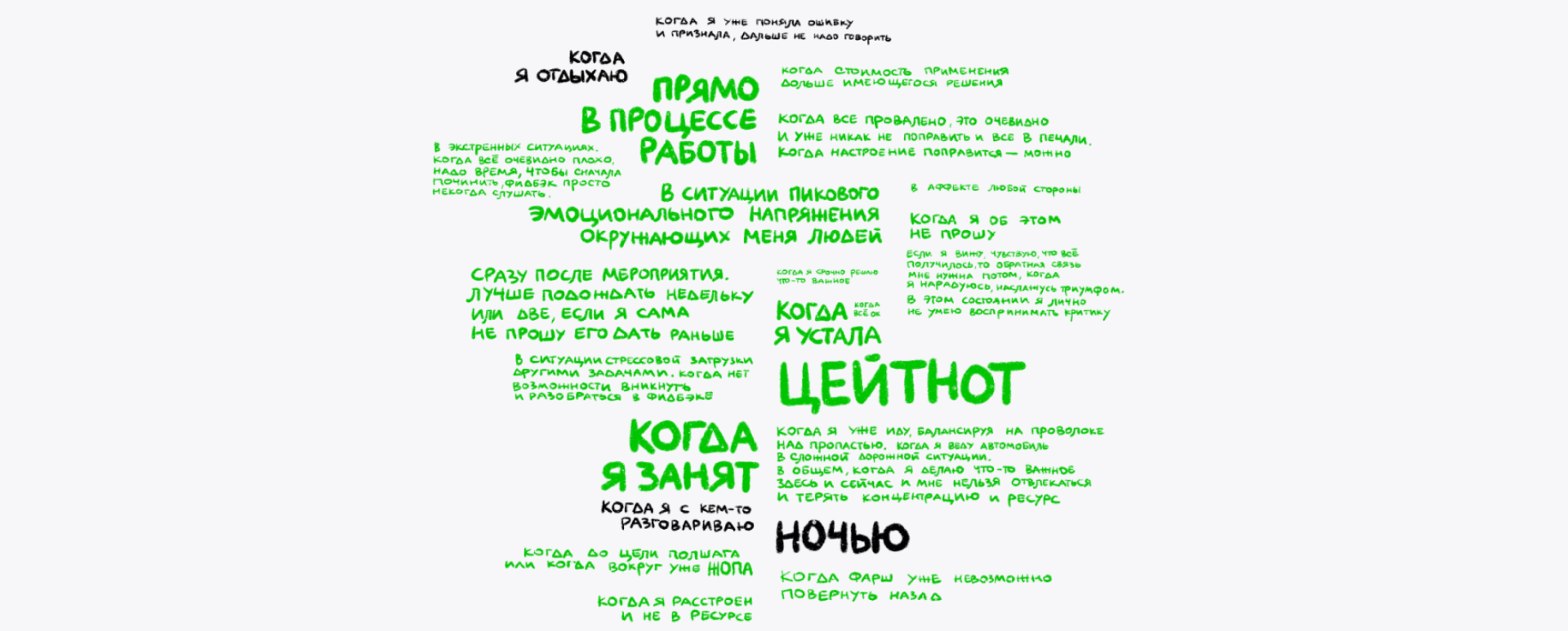 The same word cloud with the cases where the author gives feedback anyway highlighted in green