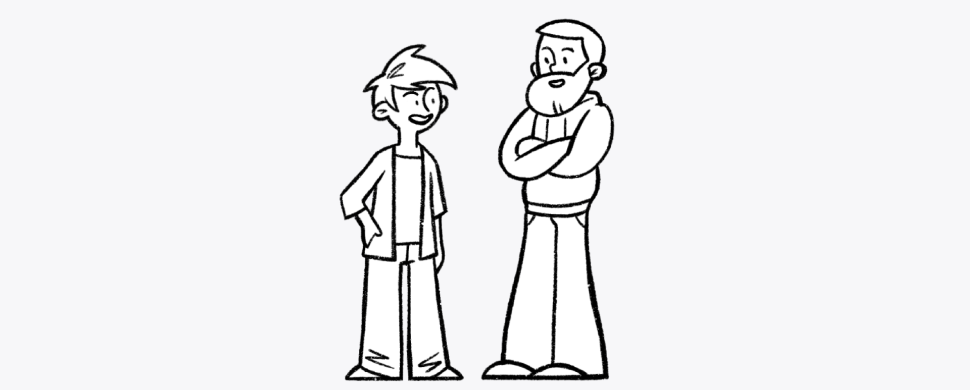 The younger person and the bearded man standing side by side, relaxed
