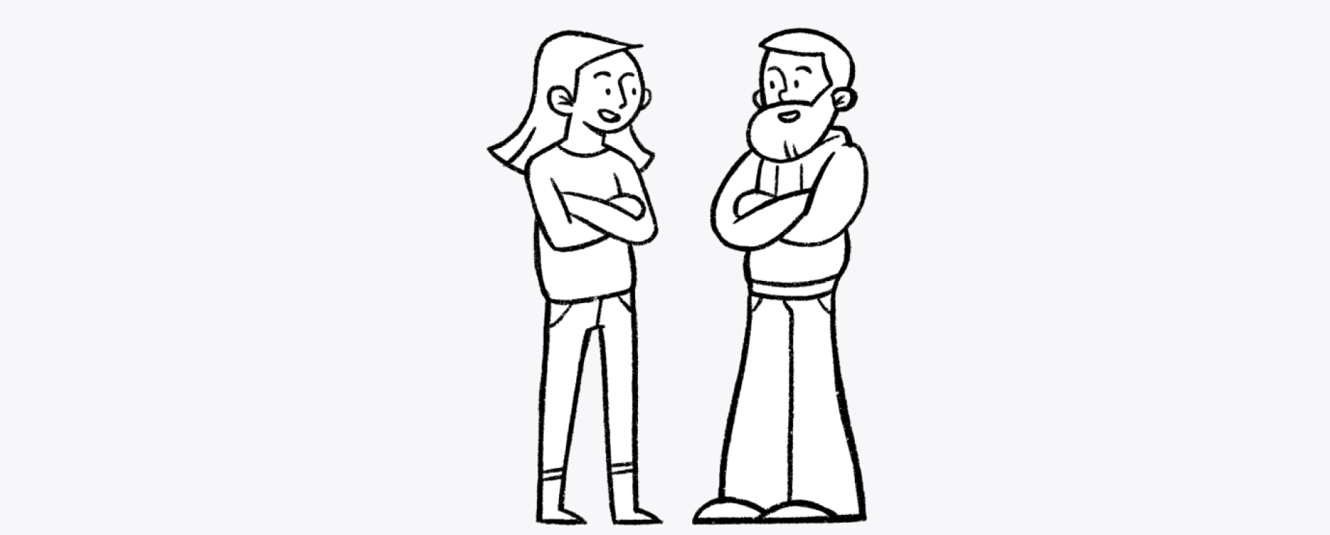 A woman and the bearded man standing arms folded, talking as equals