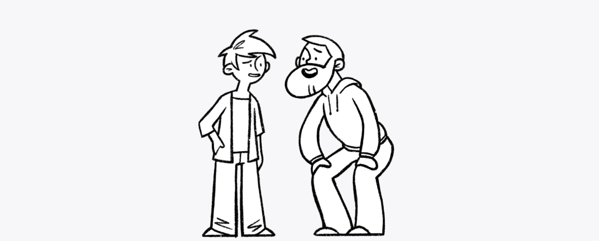 The bearded man bending down to talk to a younger person at eye level