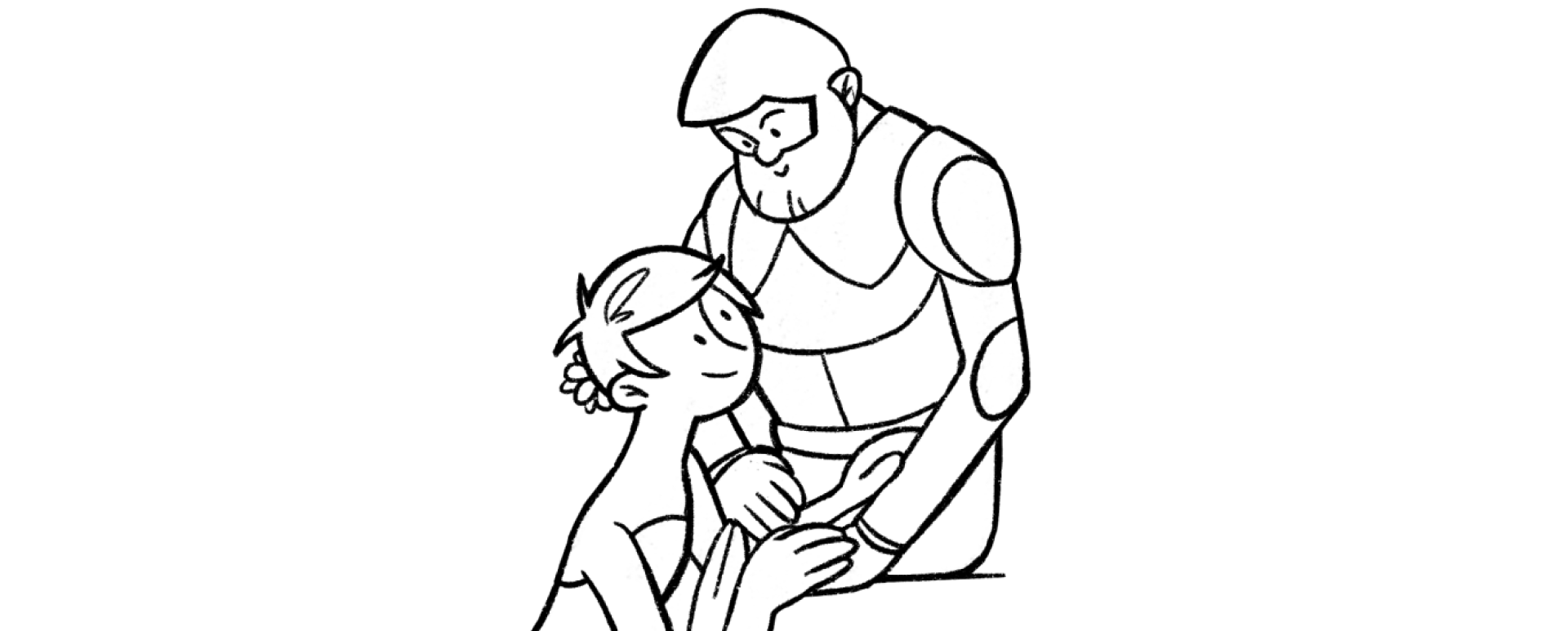 A kneeling knight in armour talking gently with a boy