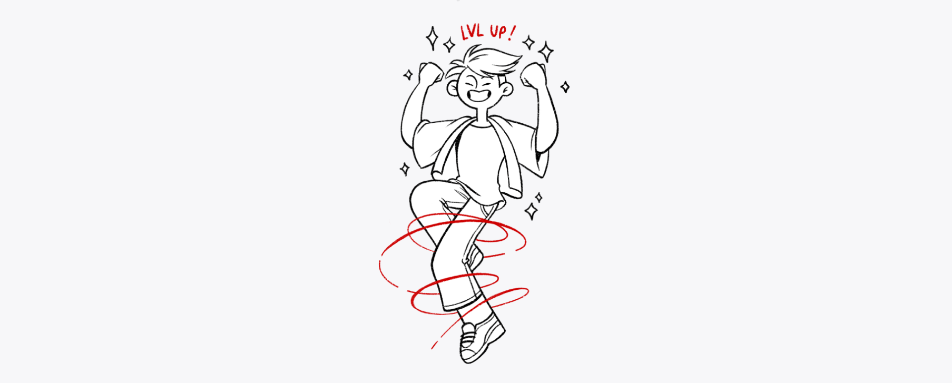 A young designer punching the air with "LVL UP!" written above his head