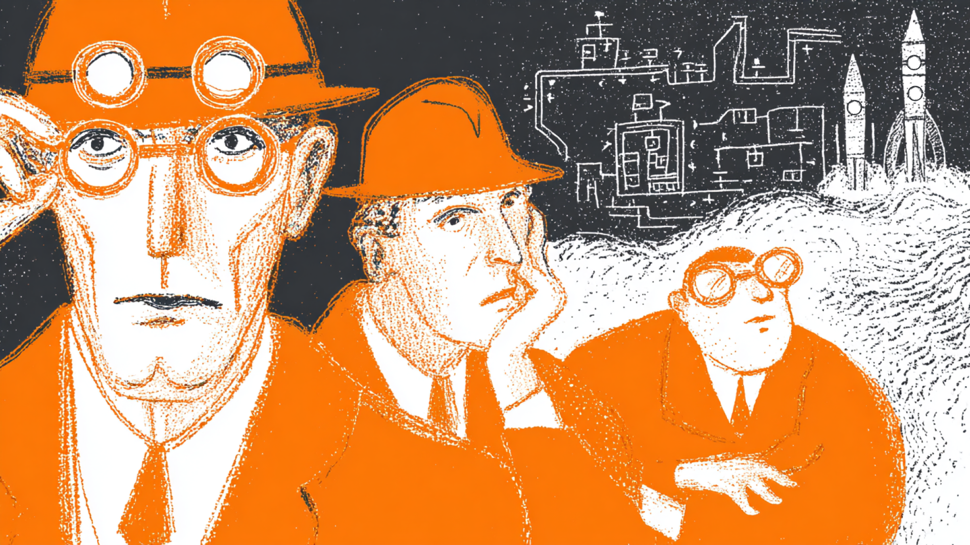 Three would-be rocket builders under a starry sky with a future city on the horizon