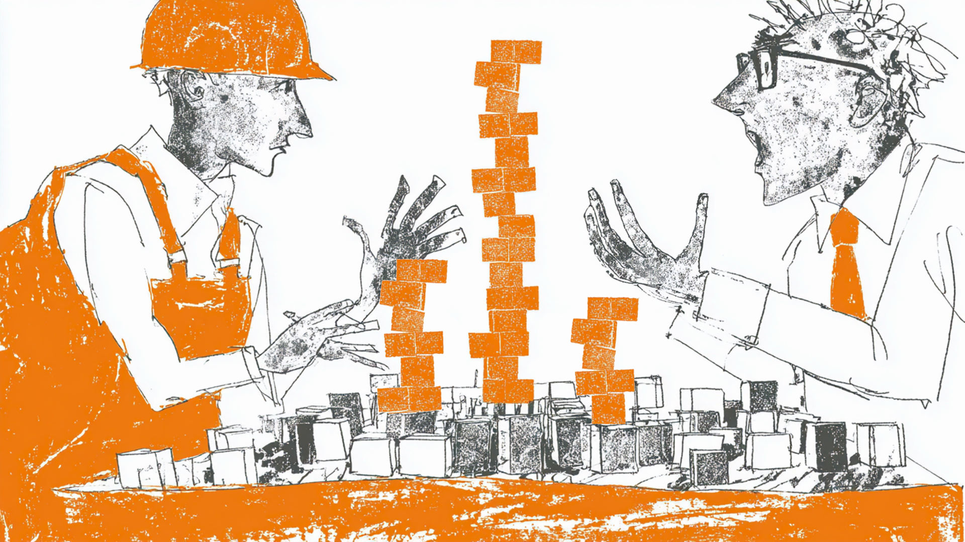 Two builders in hard hats stacking towers of blocks of different heights