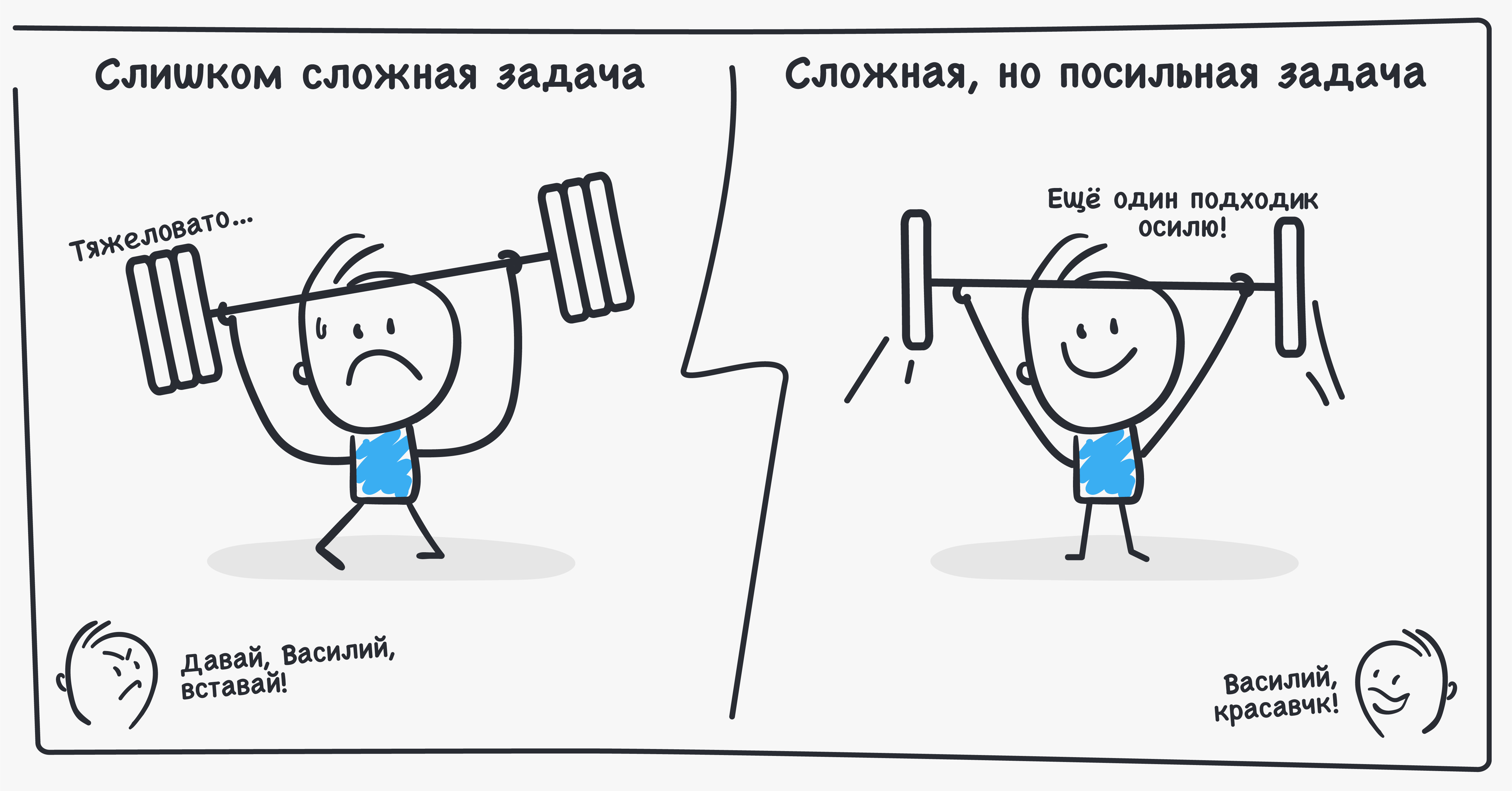 Cartoon: on the left a trainee is crushed by a weight that is too heavy, on the right the same trainee happily handles a hard but manageable one