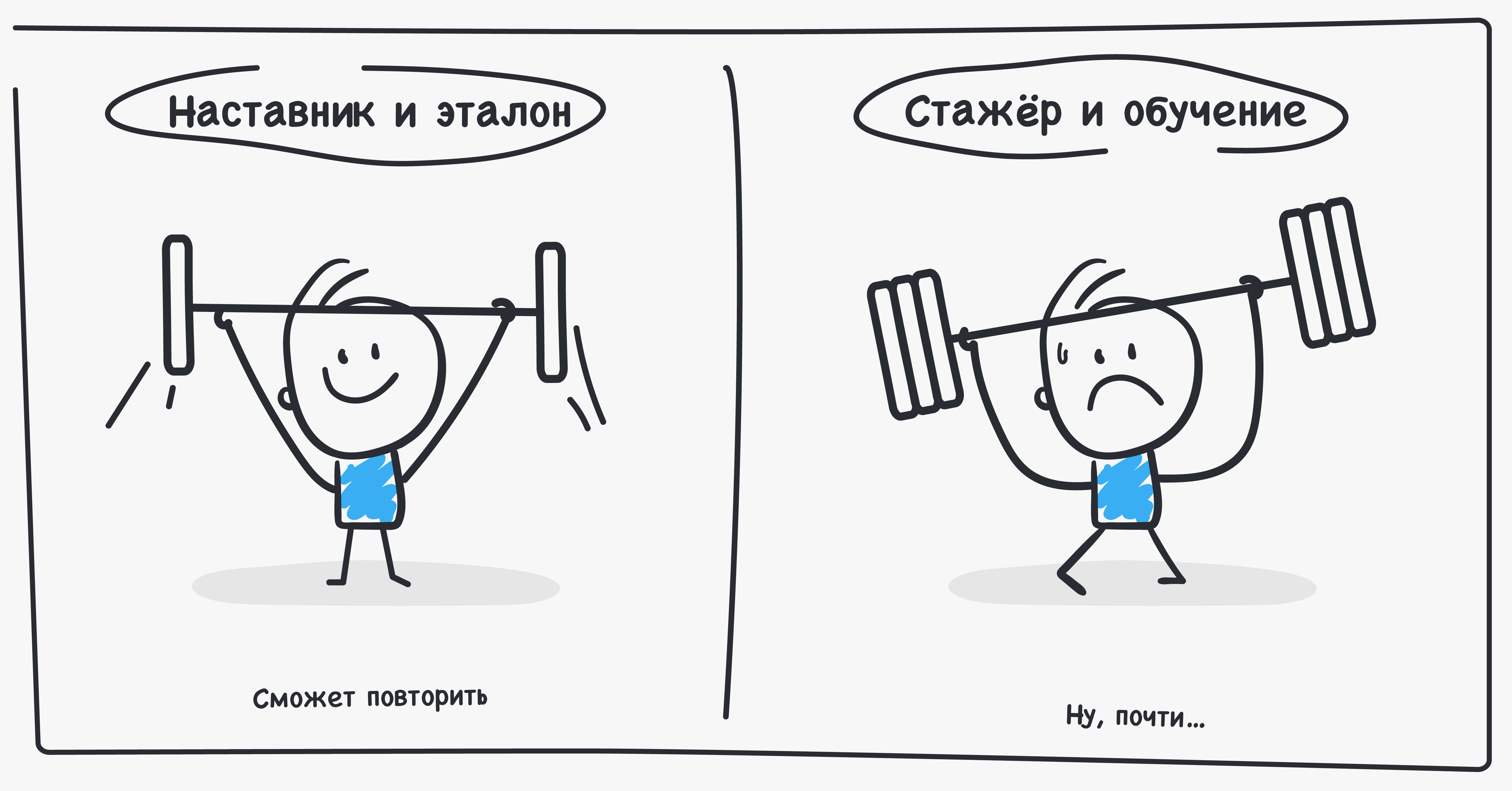 Cartoon: the mentor lifts the barbell easily as the reference standard, while the intern repeats the movement and almost gets it
