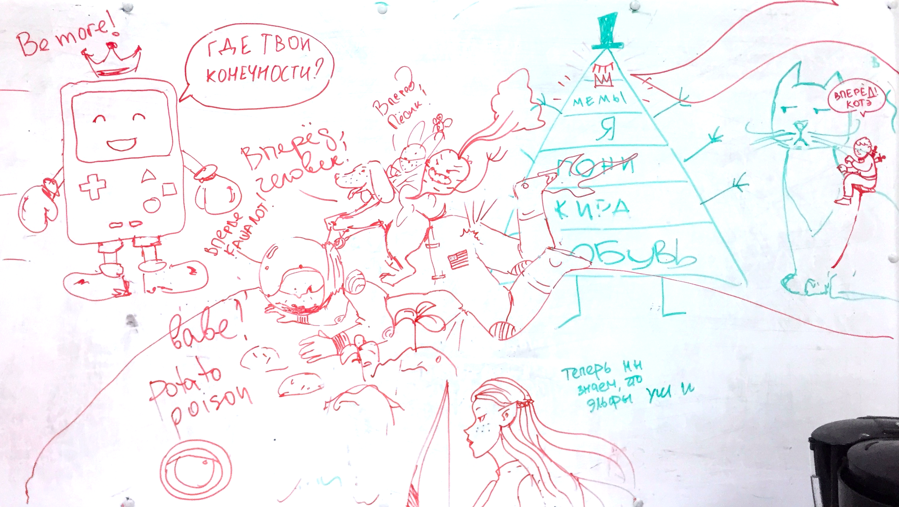 Office kitchen whiteboard covered in marker graffiti: cartoon figures, speech bubbles and a hand-drawn pyramid