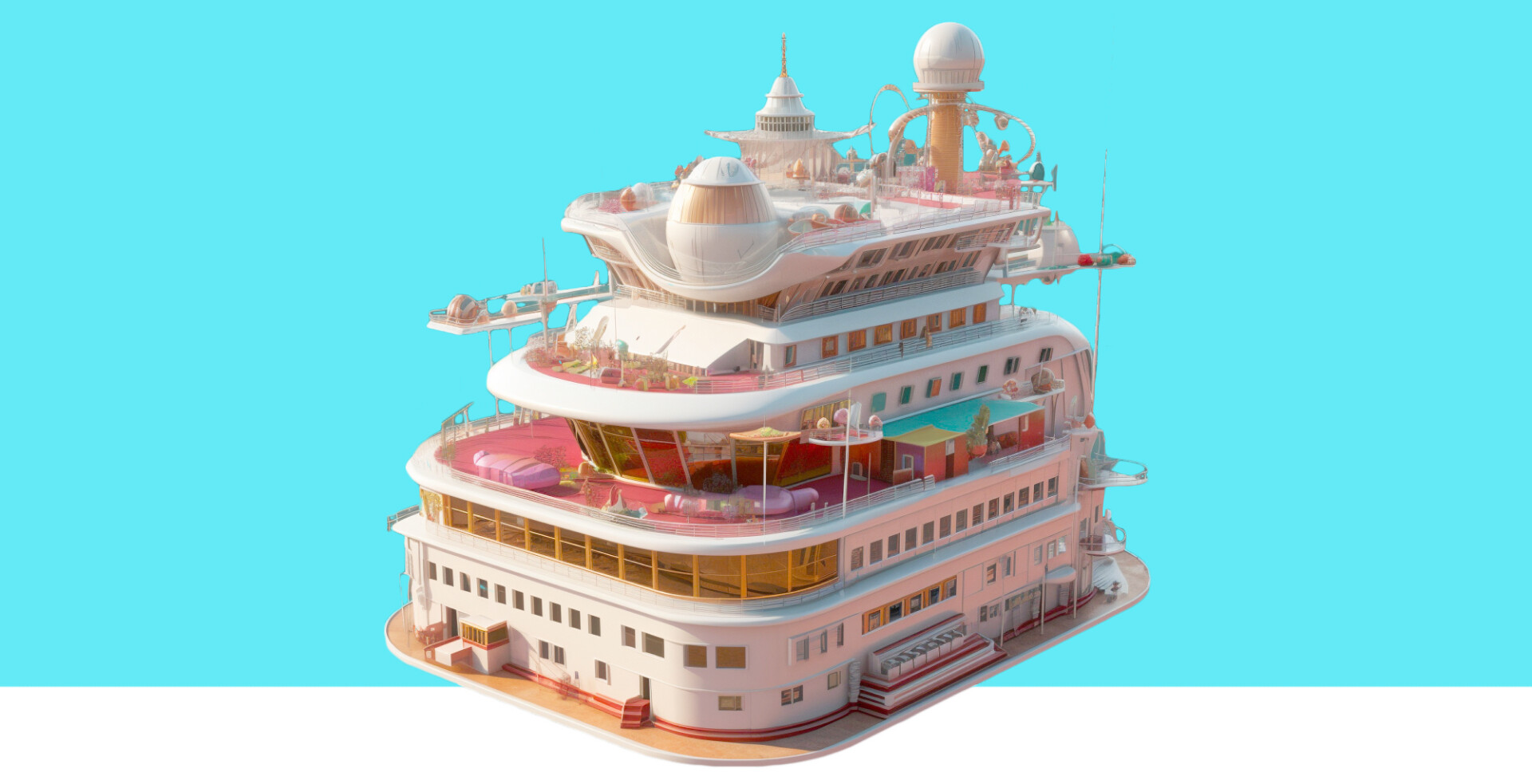 A cutaway illustration of a many-decked cruise ship: a complex system with all its levels visible at once