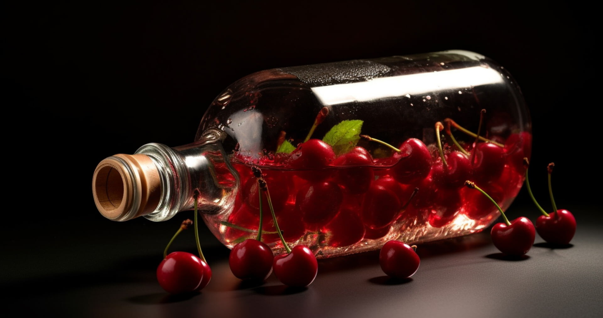 A tilted glass jar spilling bright red cherries against a black background