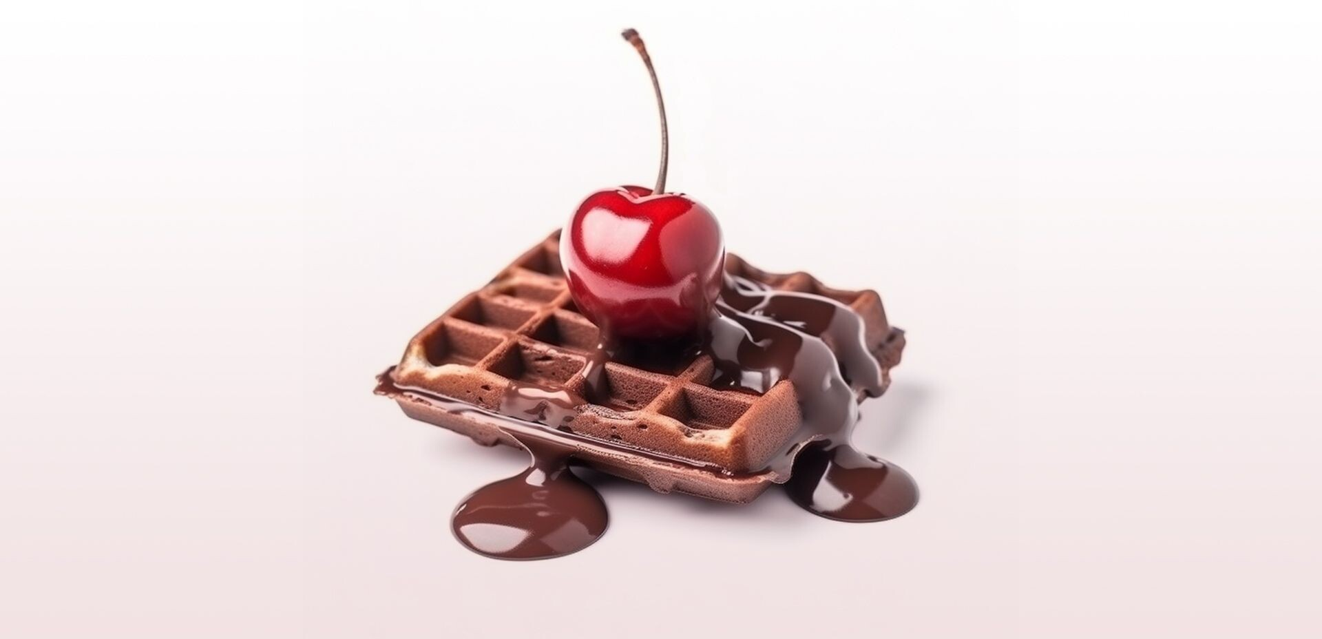 A chocolate waffle with melted chocolate dripping over the edges and a glossy red cherry on top