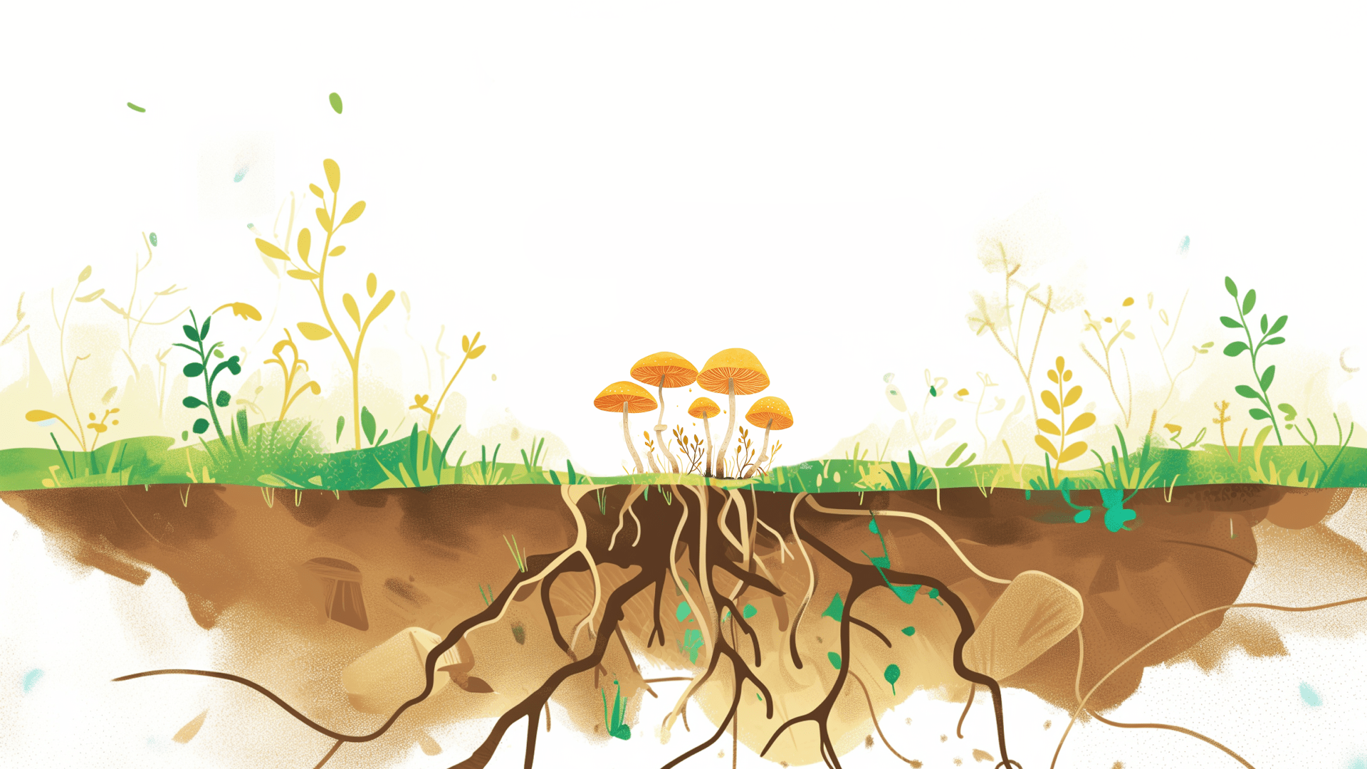 Mushroom caps above ground with a vast mycelium spread out below